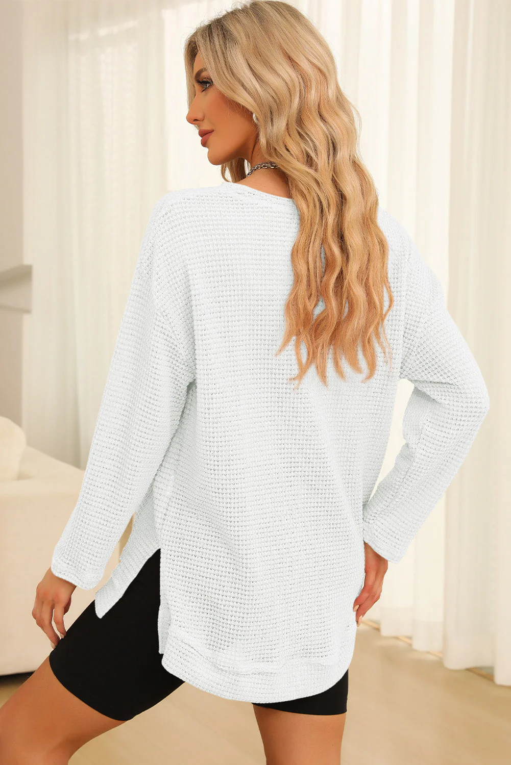 Waffle-Knit Round Neck Long Sleeve Sweatshirt - Image 12