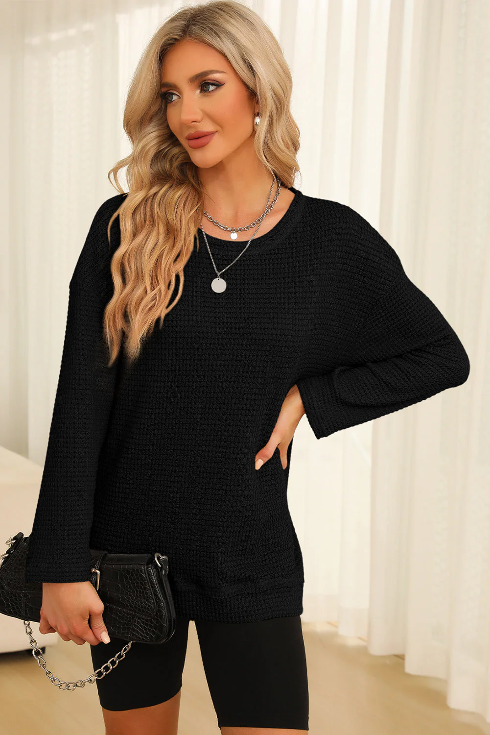 Waffle-Knit Round Neck Long Sleeve Sweatshirt - Image 14