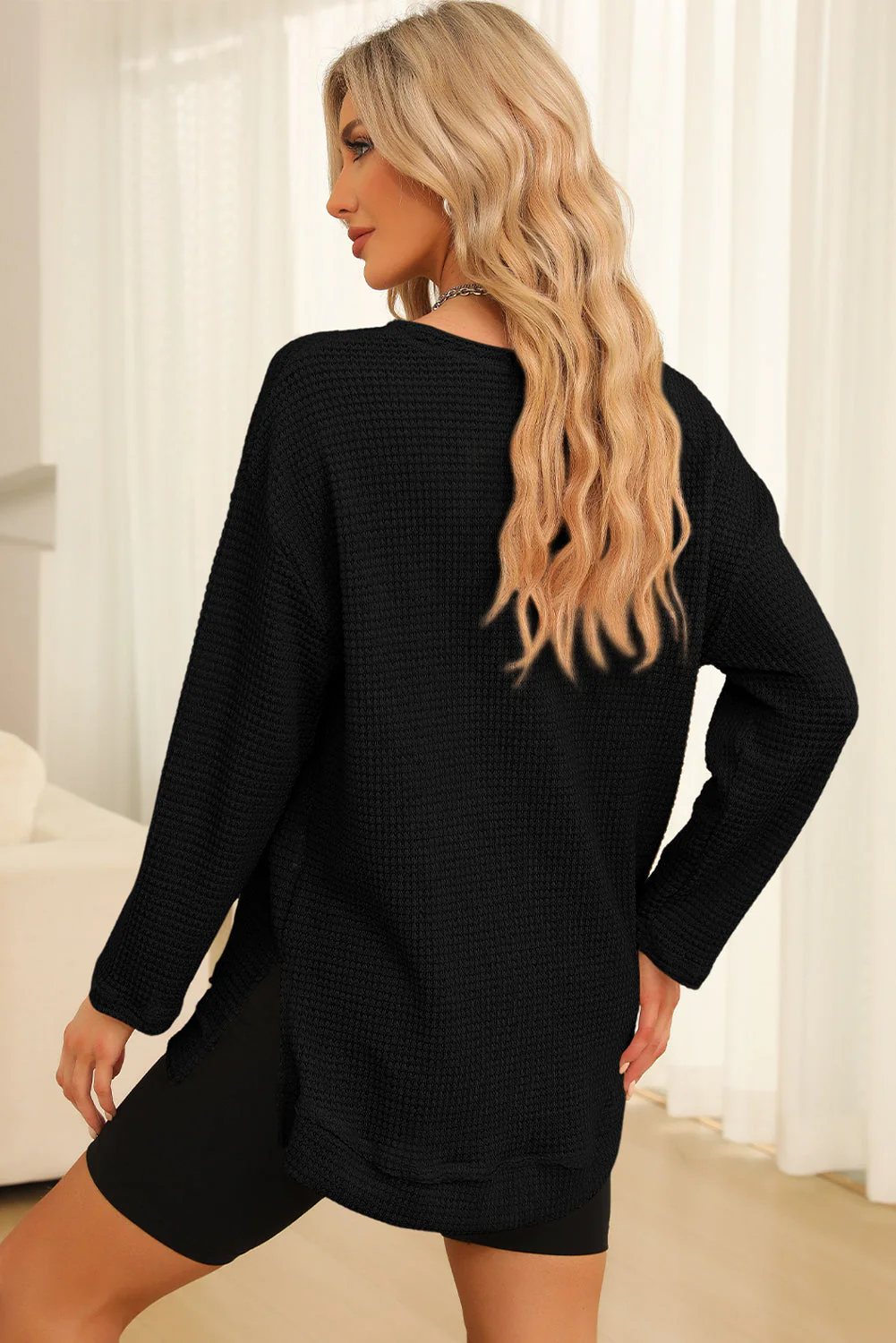 Waffle-Knit Round Neck Long Sleeve Sweatshirt - Image 15