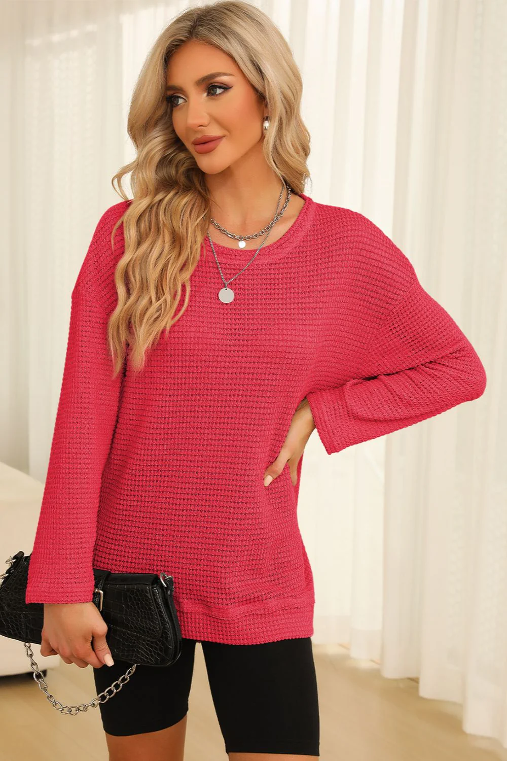 Waffle-Knit Round Neck Long Sleeve Sweatshirt - Image 17