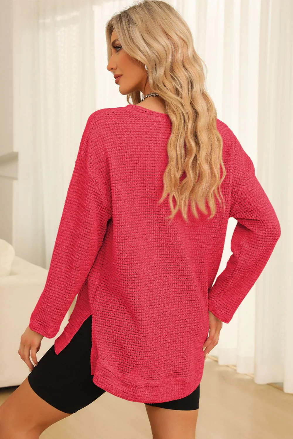 Waffle-Knit Round Neck Long Sleeve Sweatshirt - Image 18