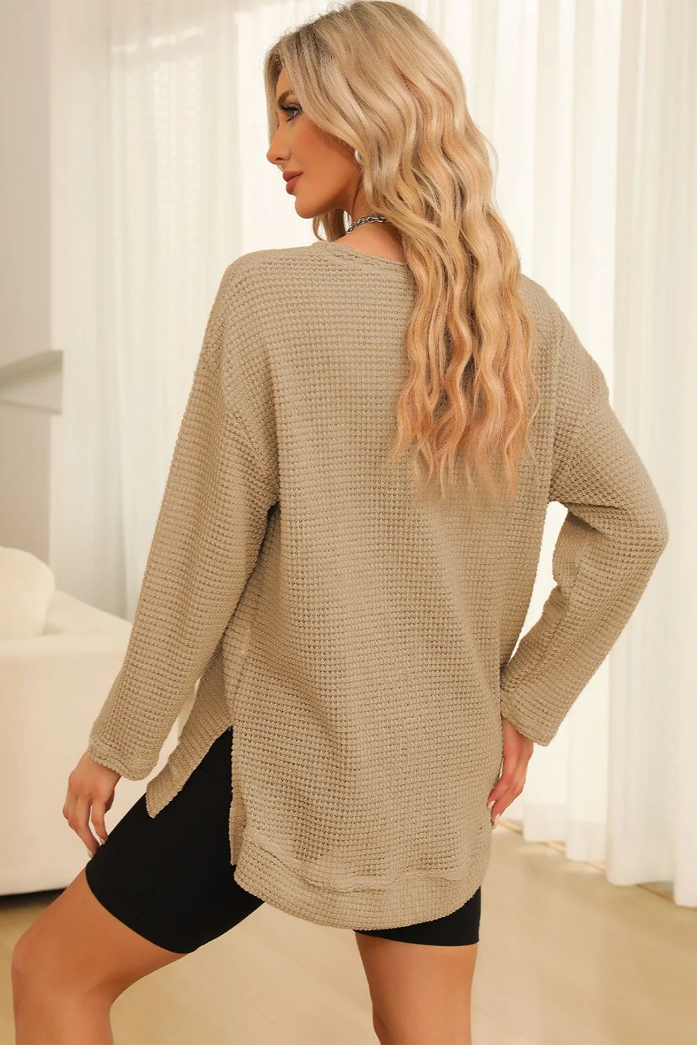 Waffle-Knit Round Neck Long Sleeve Sweatshirt - Image 21