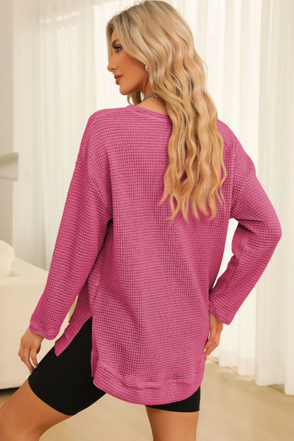 Waffle-Knit Round Neck Long Sleeve Sweatshirt - Image 24