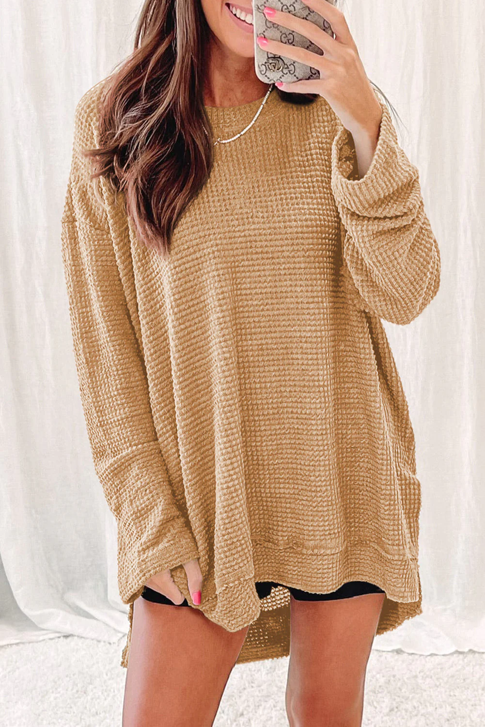 Waffle-Knit Round Neck Long Sleeve Sweatshirt - Image 25