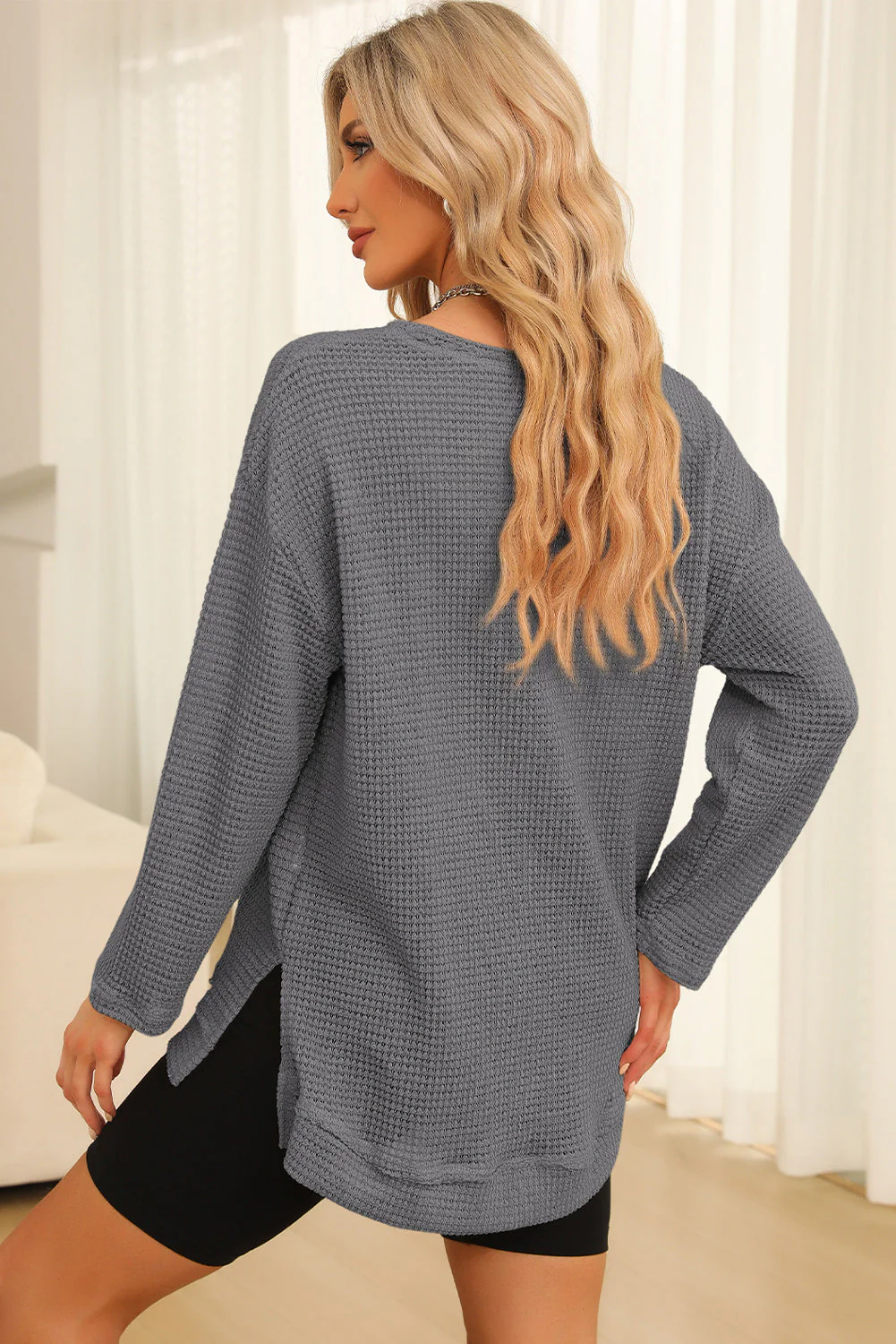 Waffle-Knit Round Neck Long Sleeve Sweatshirt - Image 7