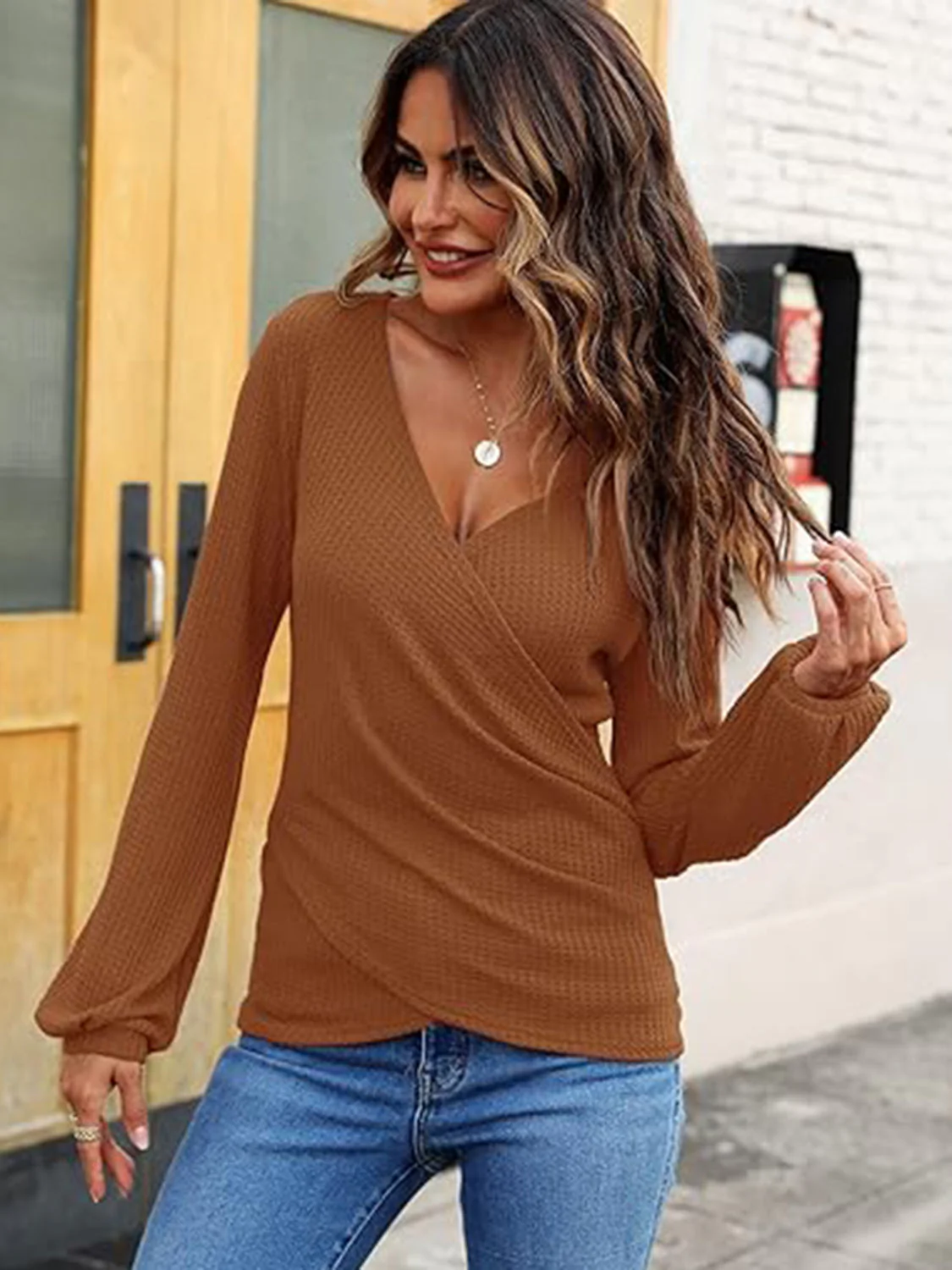 Waffle Knit Surplice Long Sleeve T-Shirt - Image 30