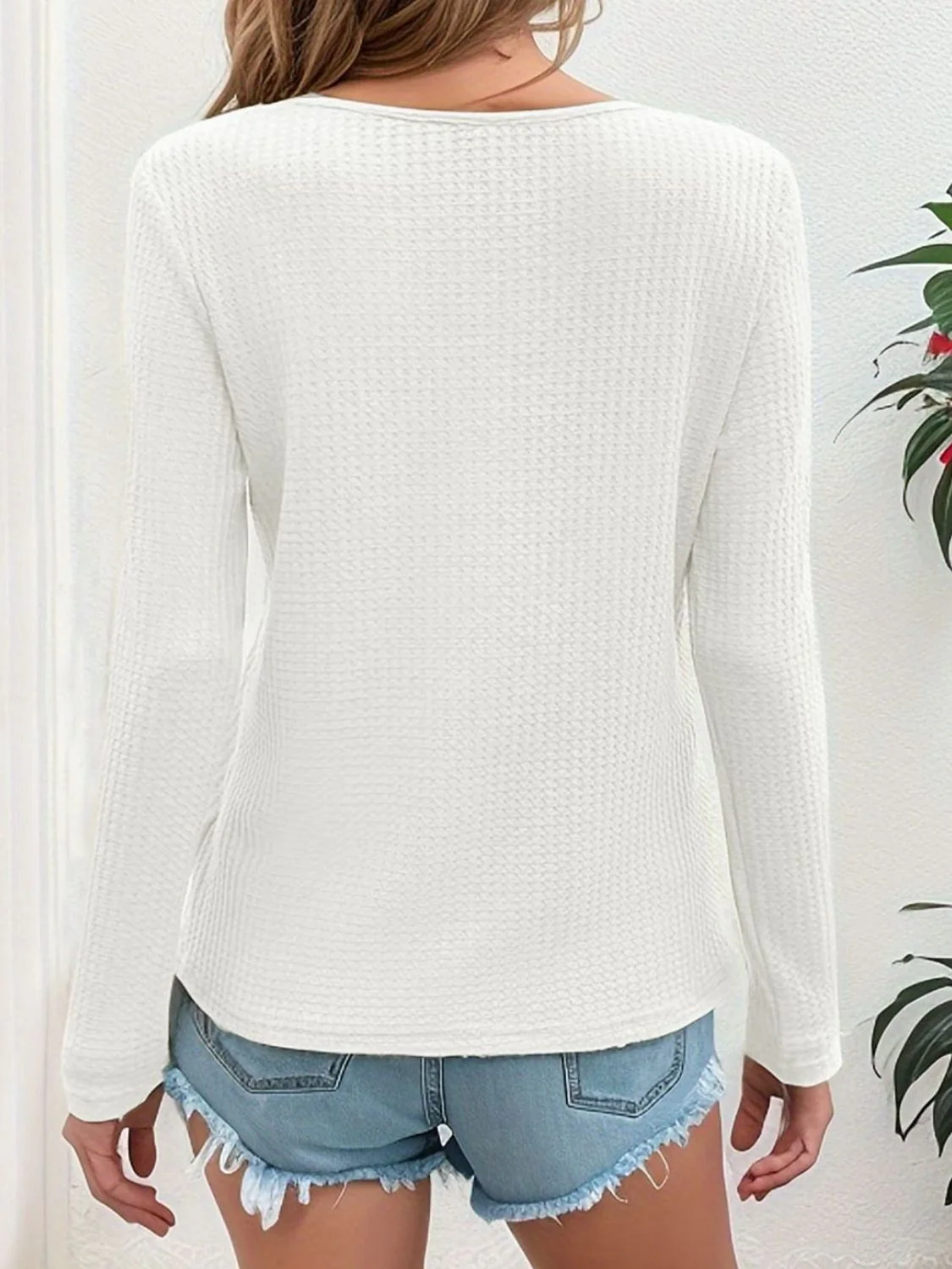 Waffle-Knit V-Neck Long Sleeve Top - Image 2