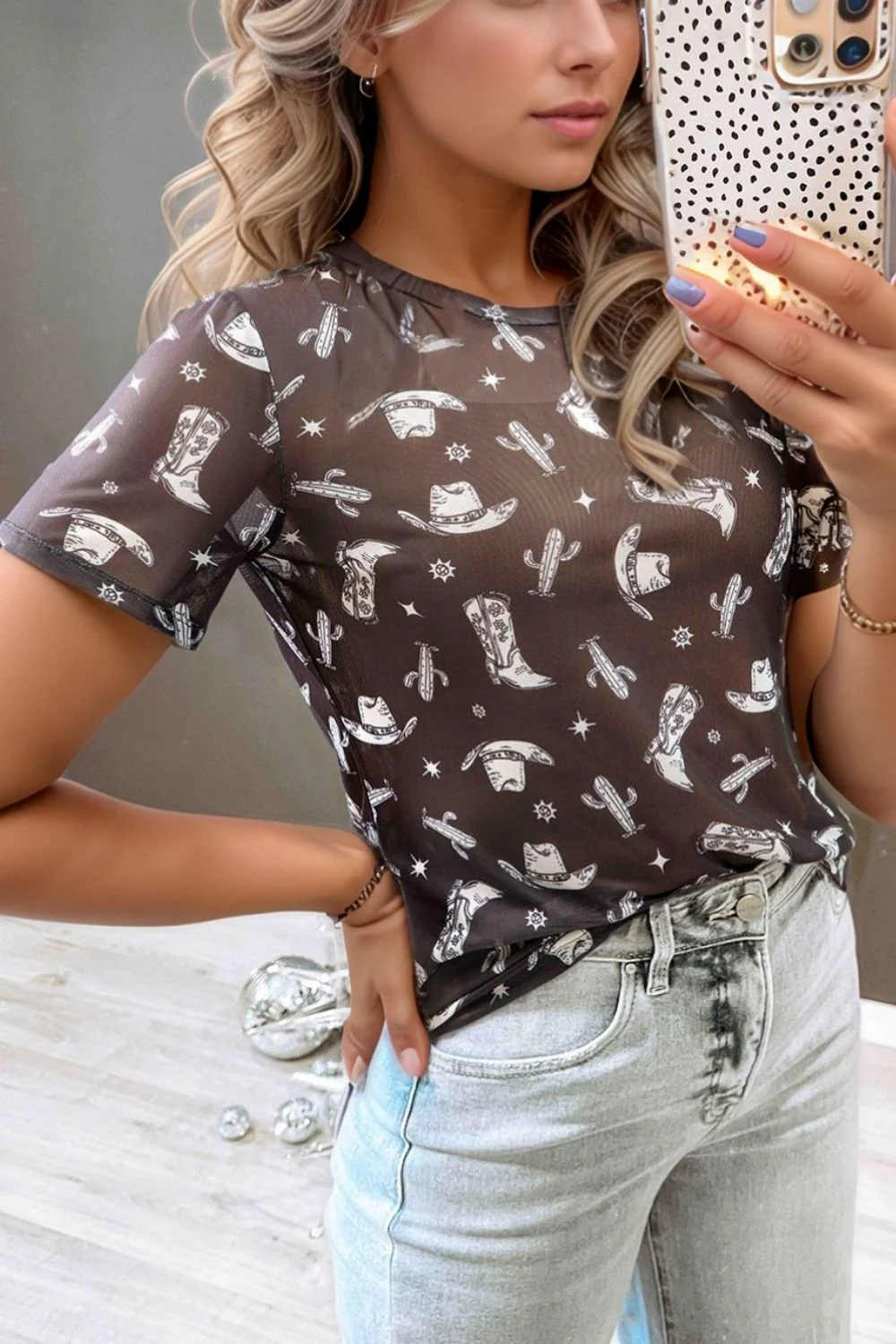 Western Pattern Mesh Sheer Crew Neck Top - Image 2