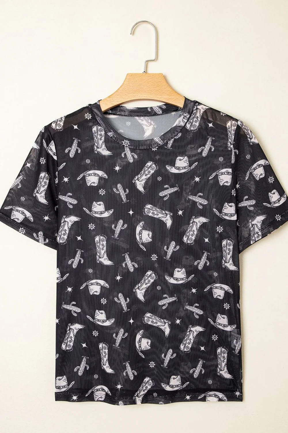 Western Pattern Mesh Sheer Crew Neck Top - Image 4