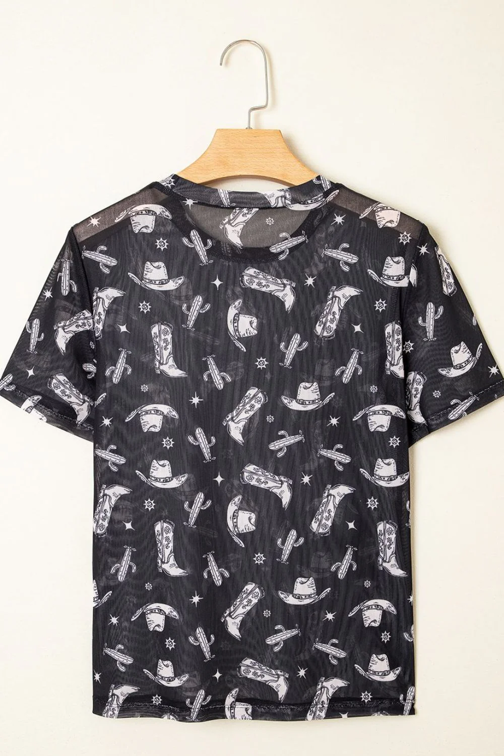 Western Pattern Mesh Sheer Crew Neck Top - Image 5