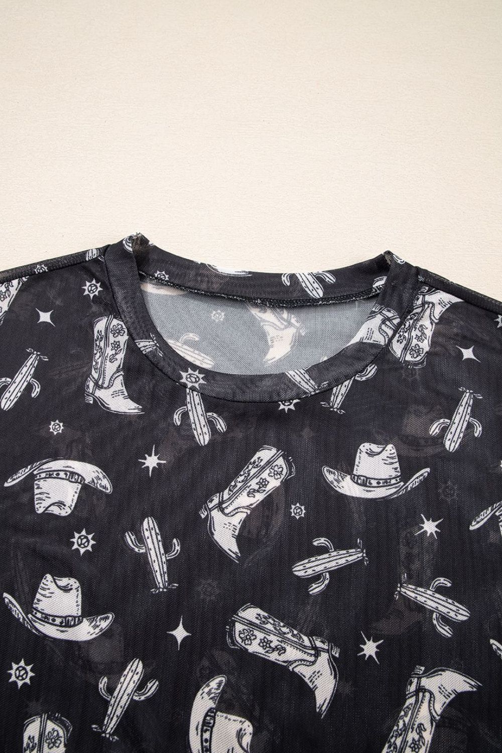 Western Pattern Mesh Sheer Crew Neck Top - Image 6