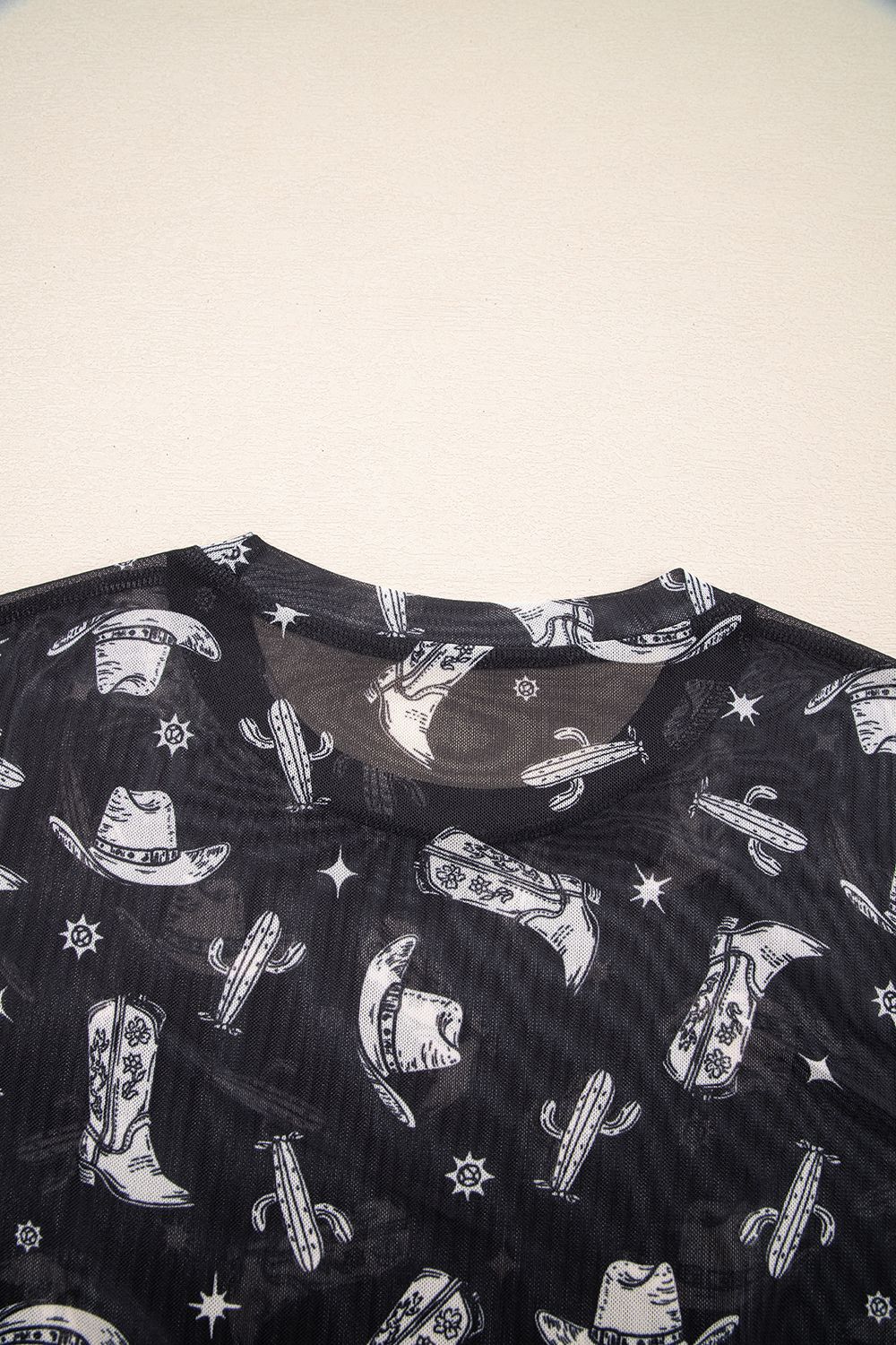 Western Pattern Mesh Sheer Crew Neck Top - Image 7