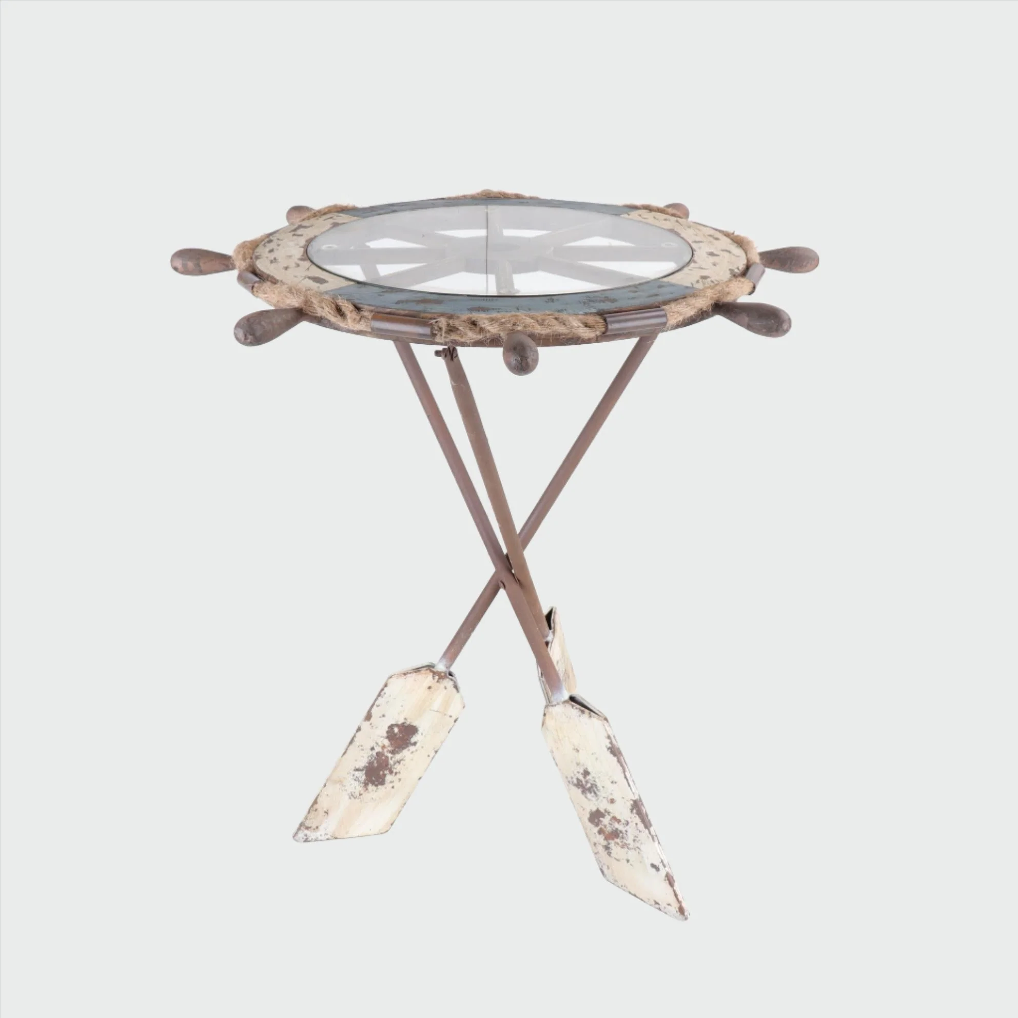 Wheel Table made of Wood, Glass & Metal Paddle Legs - Coastal Decor Coffee Table and End Table by Peterson Housewares & Artwares - Image 2