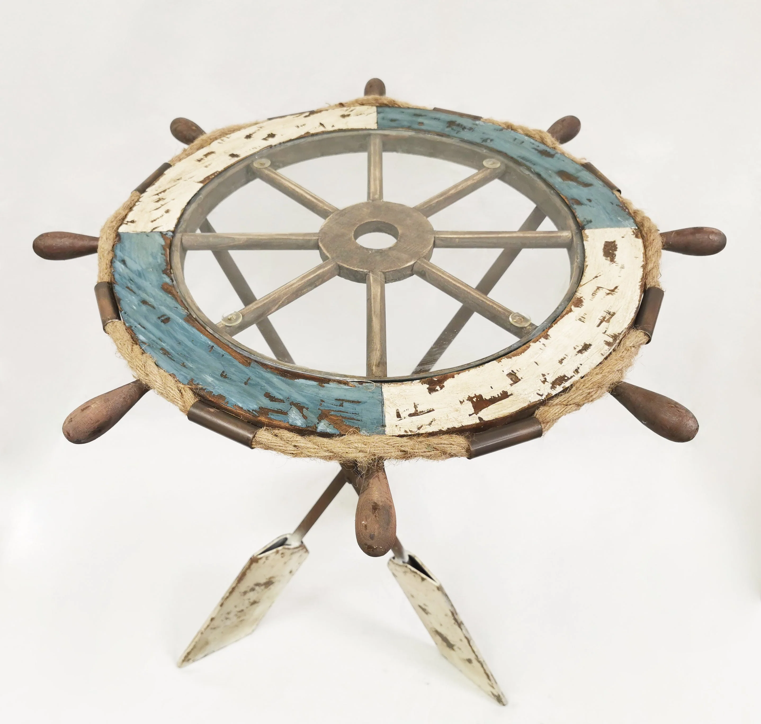 Wheel Table made of Wood, Glass & Metal Paddle Legs - Coastal Decor Coffee Table and End Table by Peterson Housewares & Artwares - Image 3
