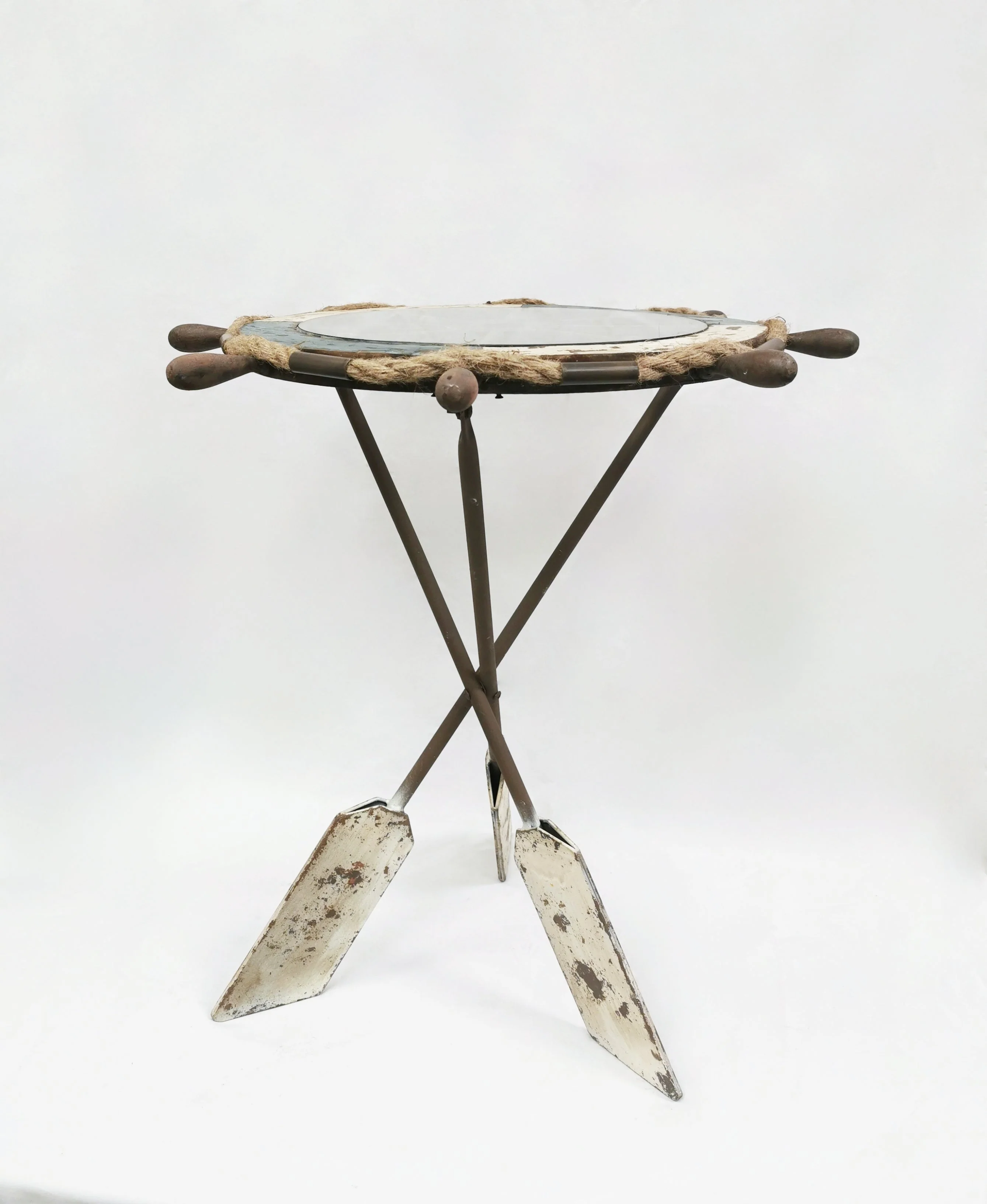 Wheel Table made of Wood, Glass & Metal Paddle Legs - Coastal Decor Coffee Table and End Table by Peterson Housewares & Artwares - Image 4
