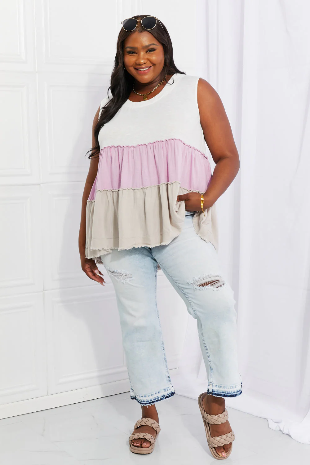 White Birch Full Size Watching the Sunset Color Block Babydoll Top - Image 10