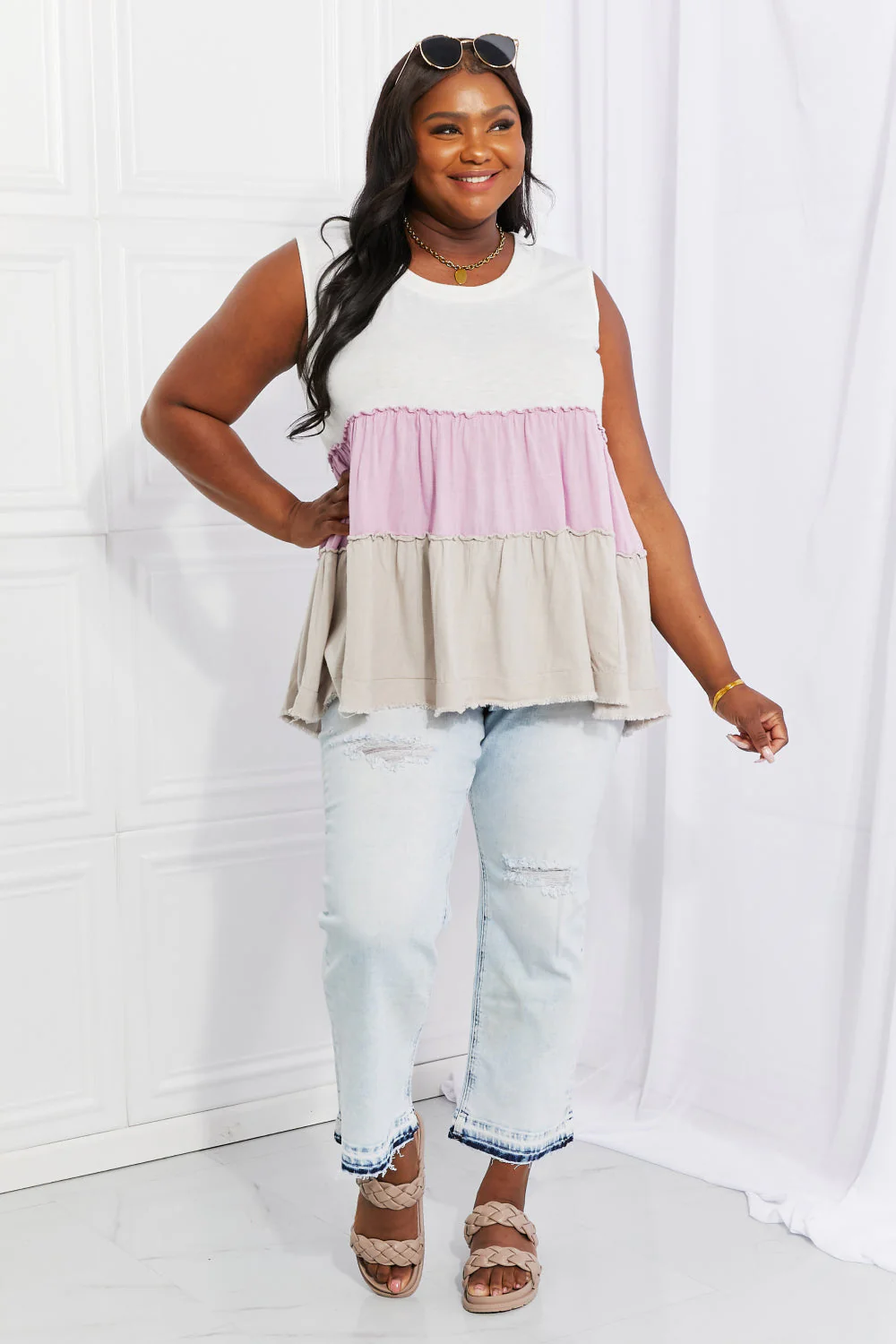 White Birch Full Size Watching the Sunset Color Block Babydoll Top - Image 11