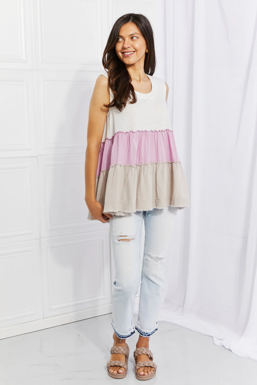 White Birch Full Size Watching the Sunset Color Block Babydoll Top - Image 4