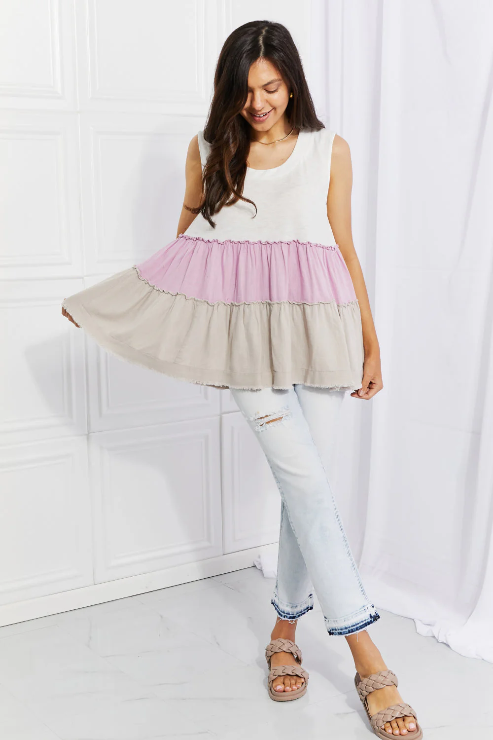 White Birch Full Size Watching the Sunset Color Block Babydoll Top - Image 5