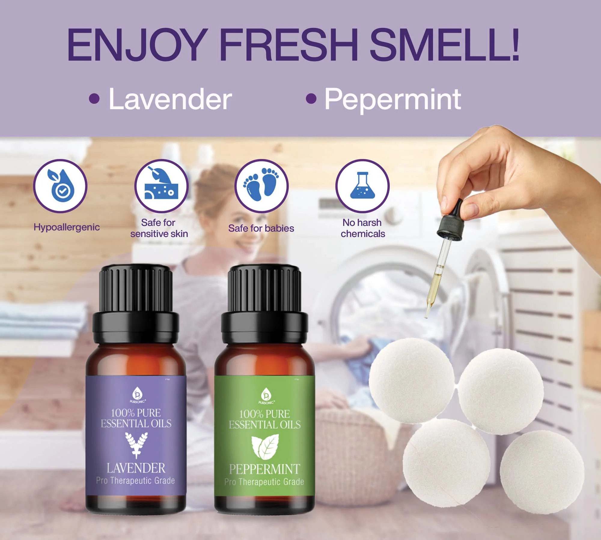 Wool Dryer Balls Bundle - Reusable Laundry Balls Made from Pure New Zealand Wool - Includes Lavender & Peppermint Oils by Pursonic - Image 2