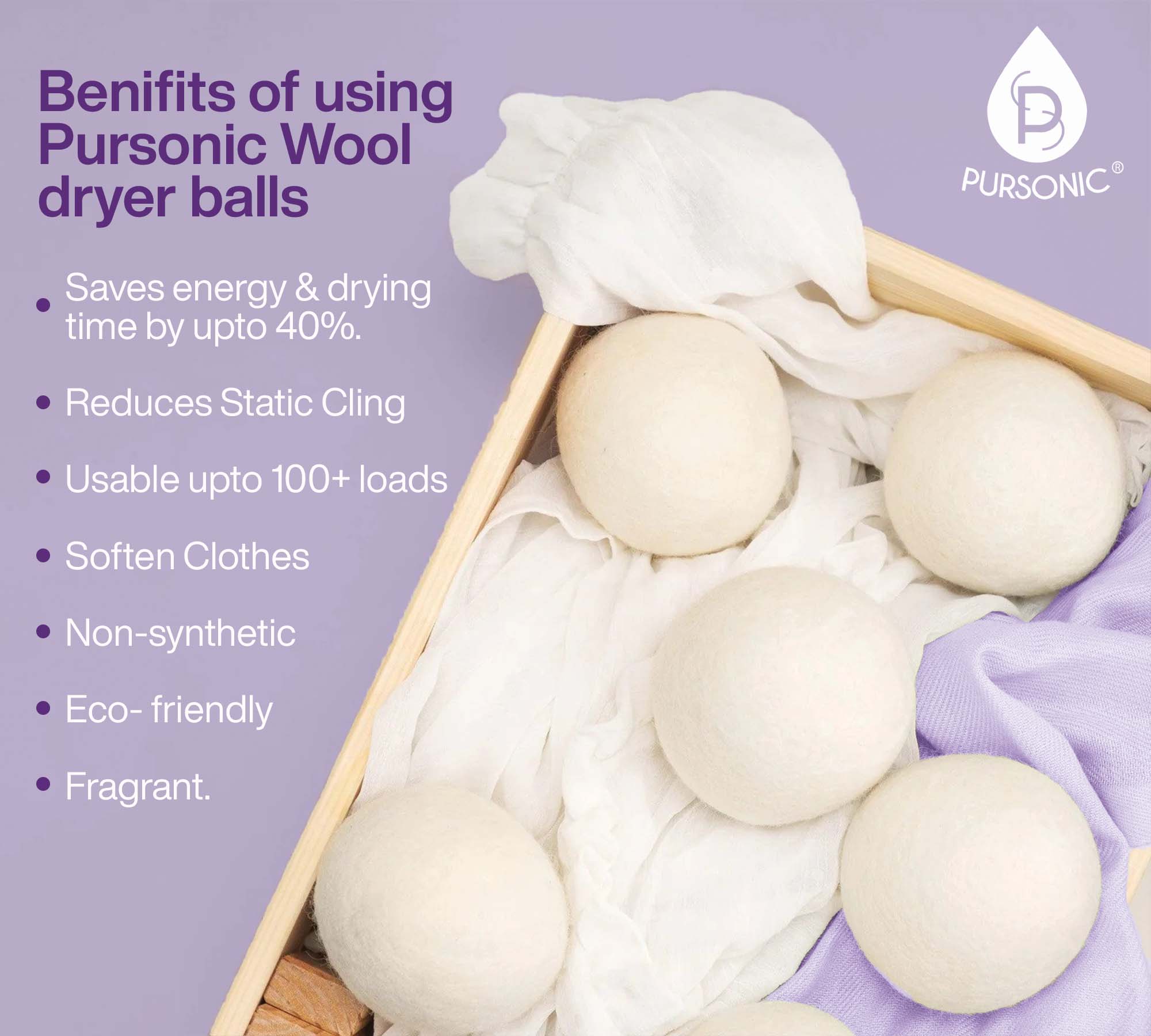 Wool Dryer Balls Bundle - Reusable Laundry Balls Made from Pure New Zealand Wool - Includes Lavender & Peppermint Oils by Pursonic - Image 3