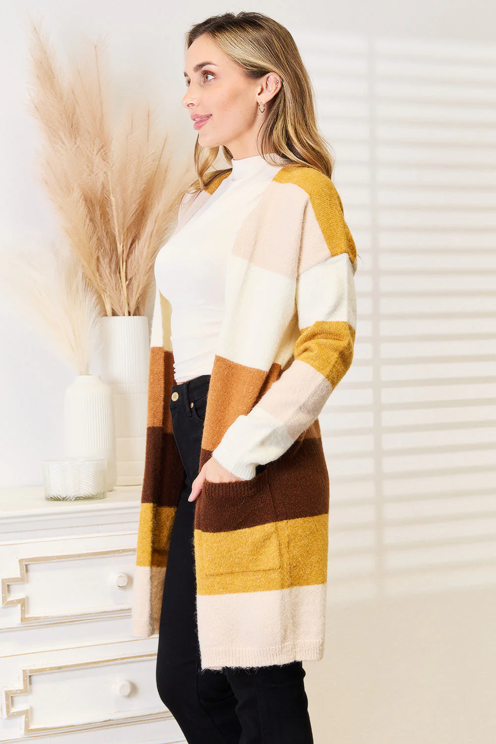 Woven Right Color Block Dropped Shoulder Cardigan - Image 3