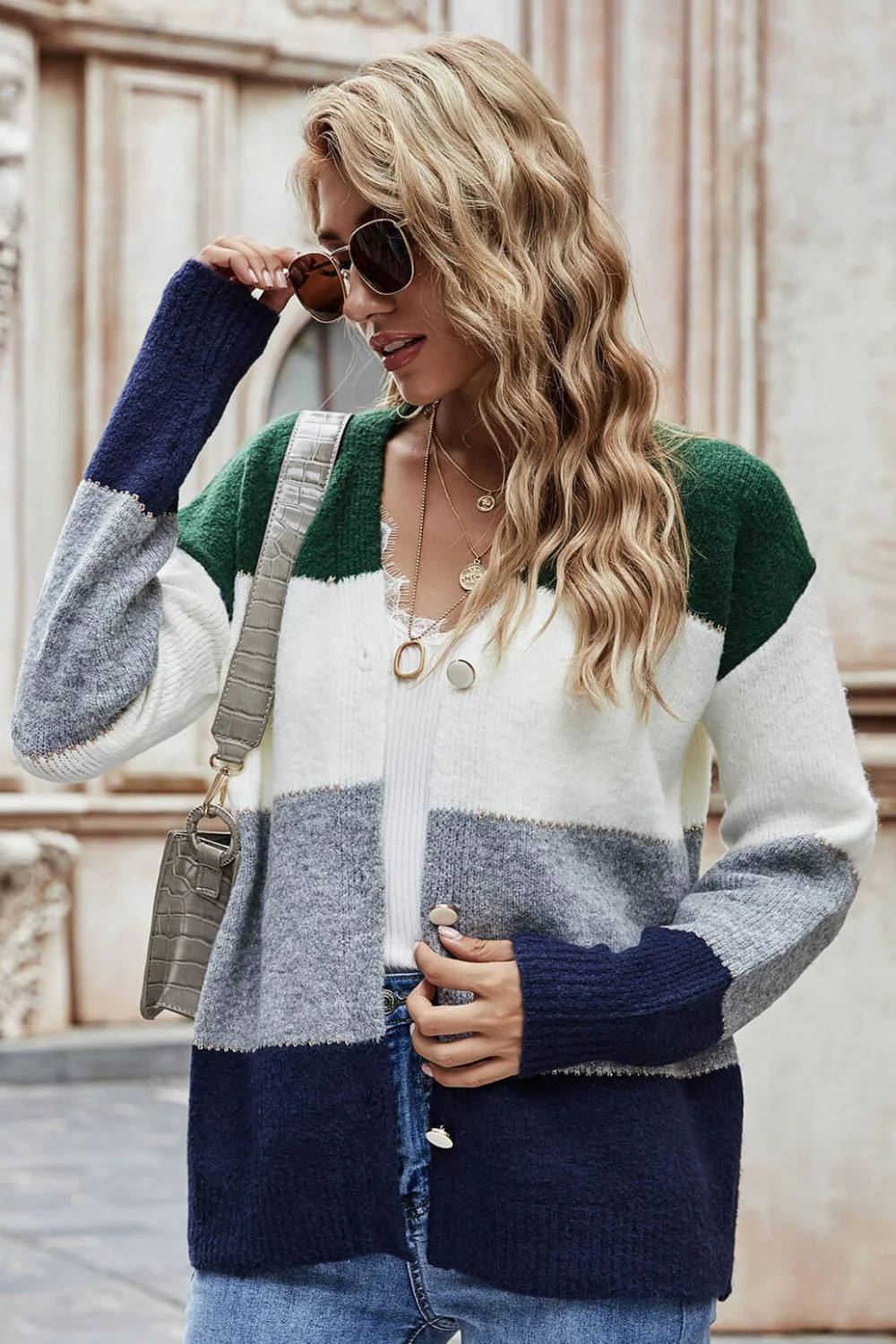 Woven Right Color Block V-Neck Button Down Cardigan - Image 10