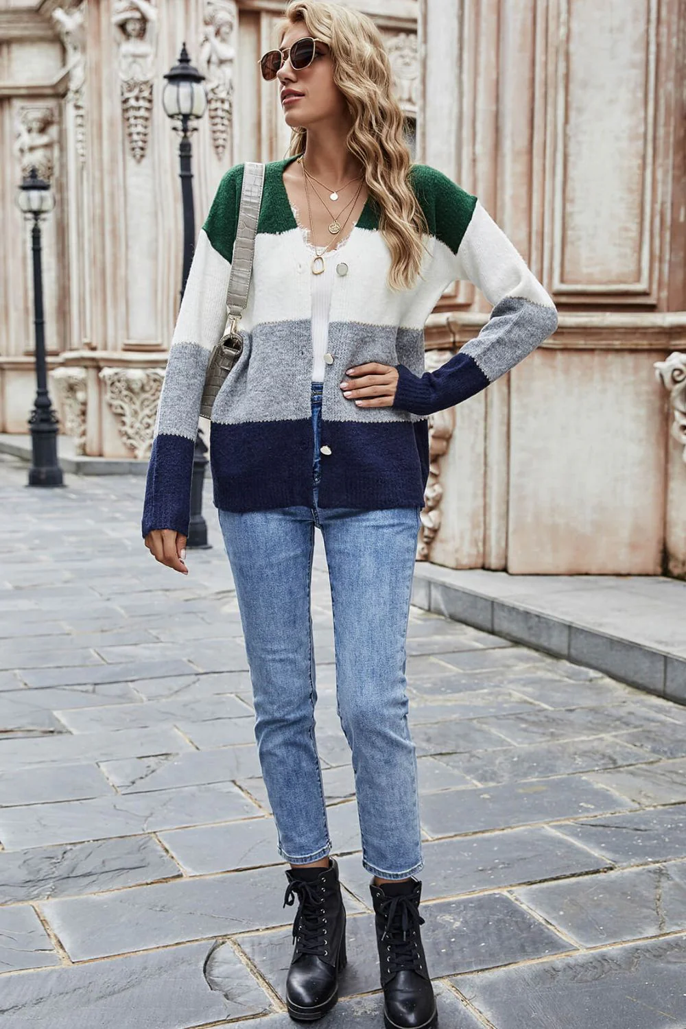 Woven Right Color Block V-Neck Button Down Cardigan - Image 15