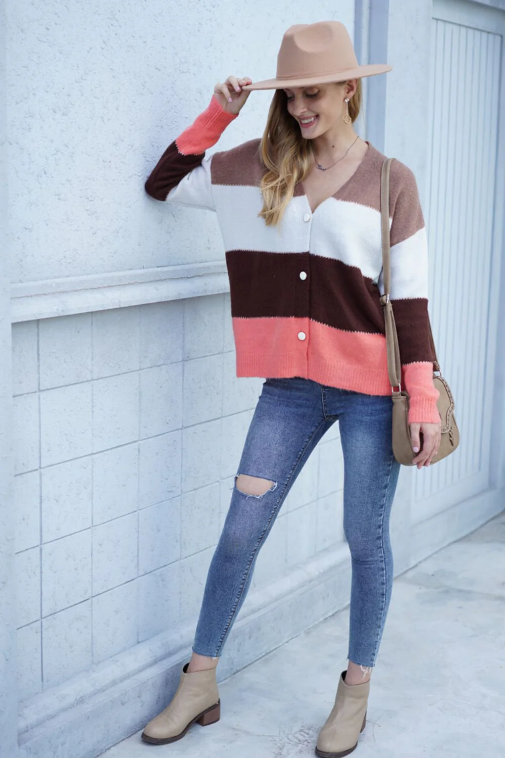 Woven Right Color Block V-Neck Button Down Cardigan - Image 19