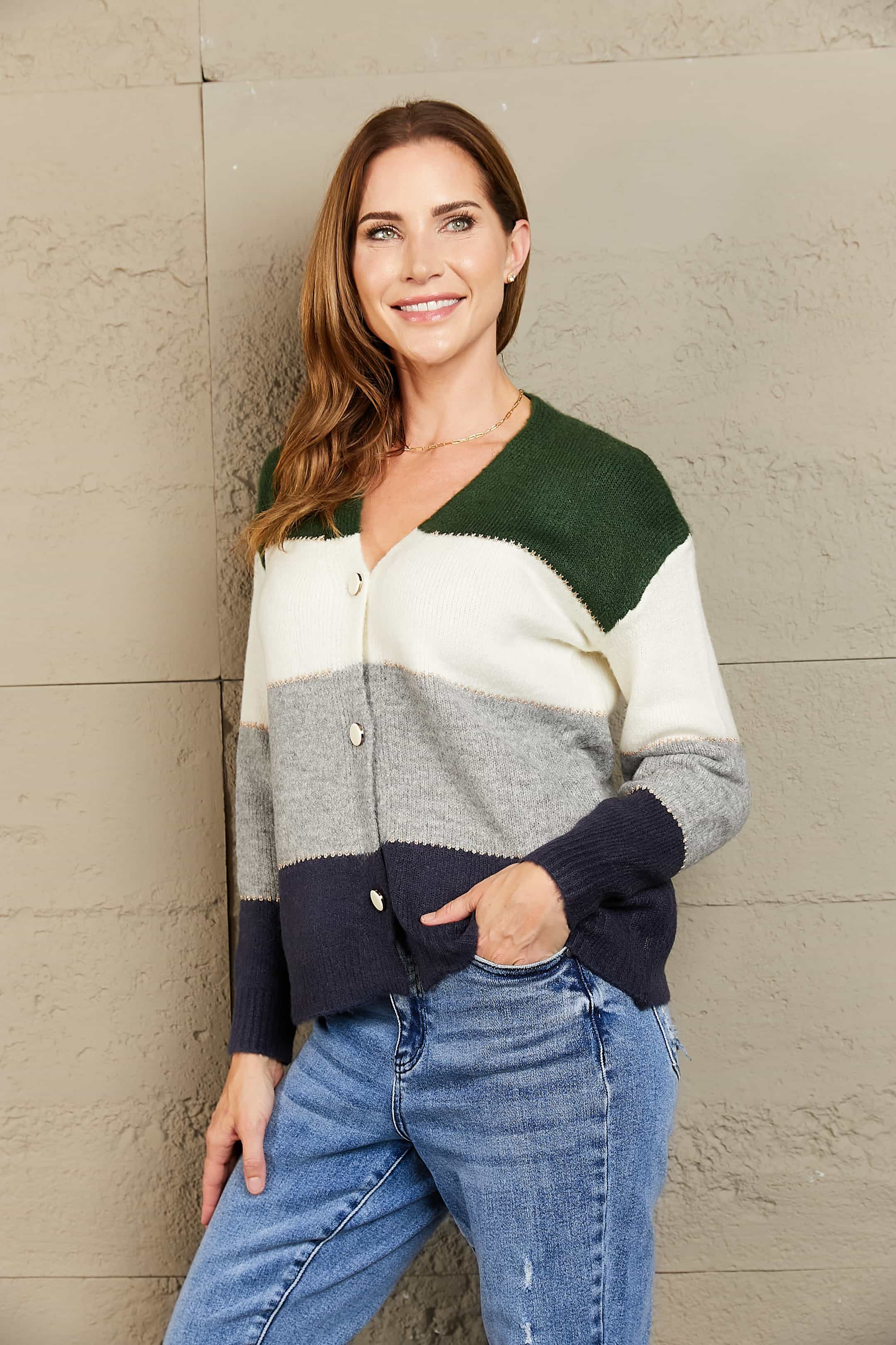 Woven Right Color Block V-Neck Button Down Cardigan - Image 3