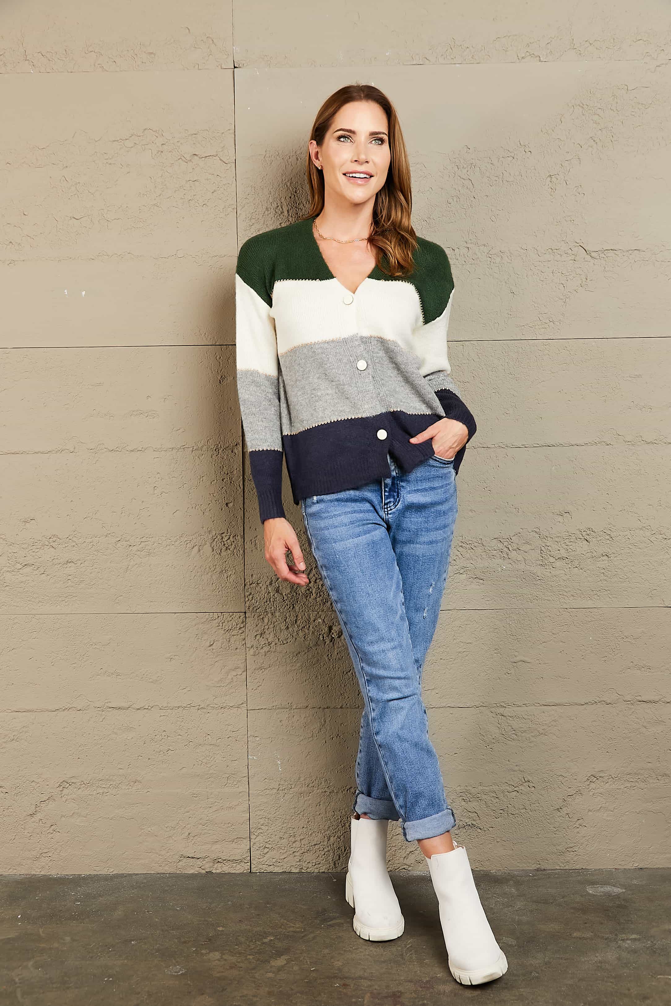 Woven Right Color Block V-Neck Button Down Cardigan - Image 4