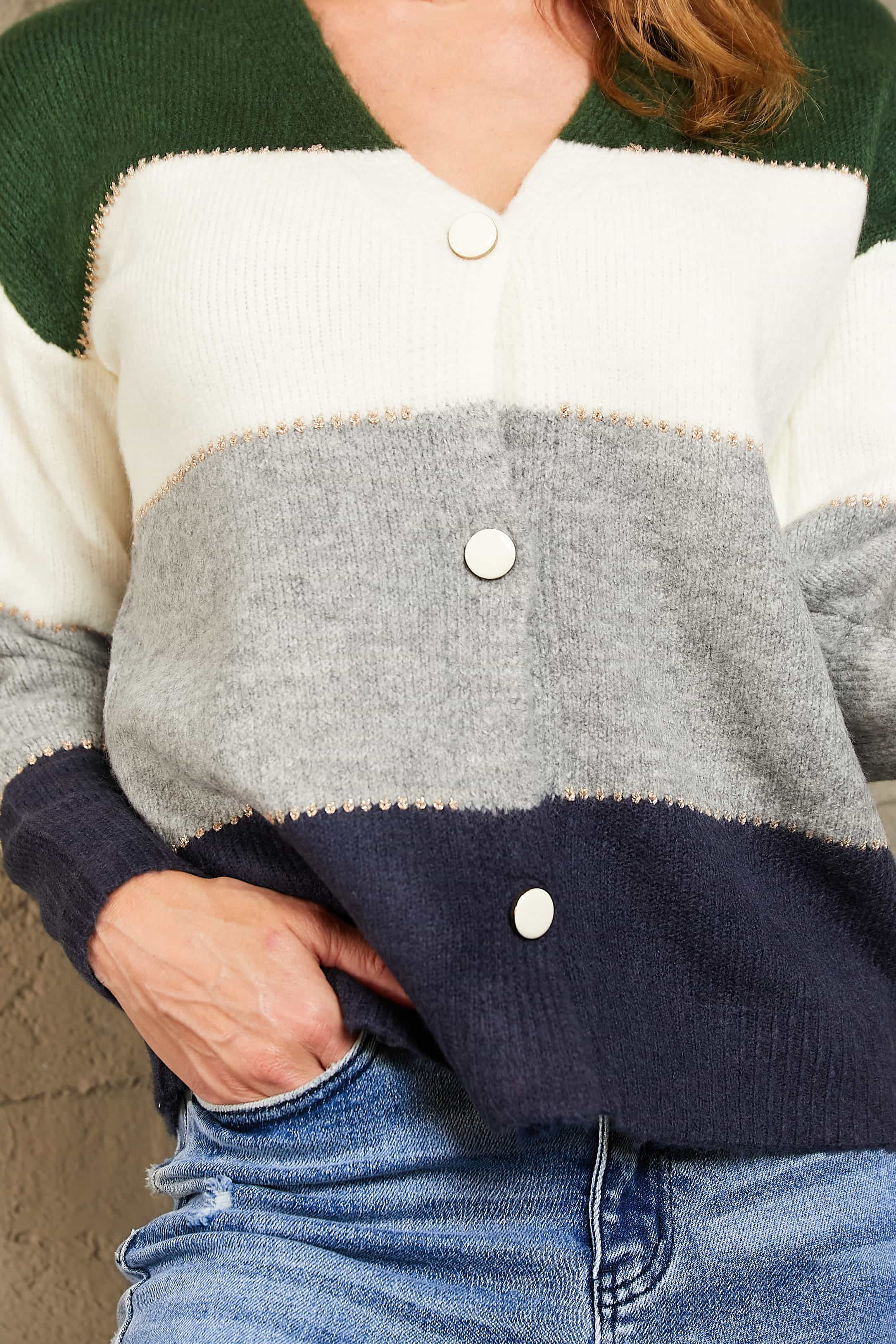 Woven Right Color Block V-Neck Button Down Cardigan - Image 5