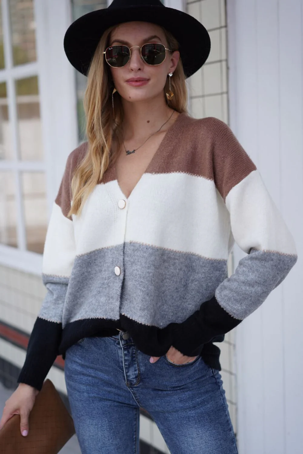 Woven Right Color Block V-Neck Button Down Cardigan - Image 6