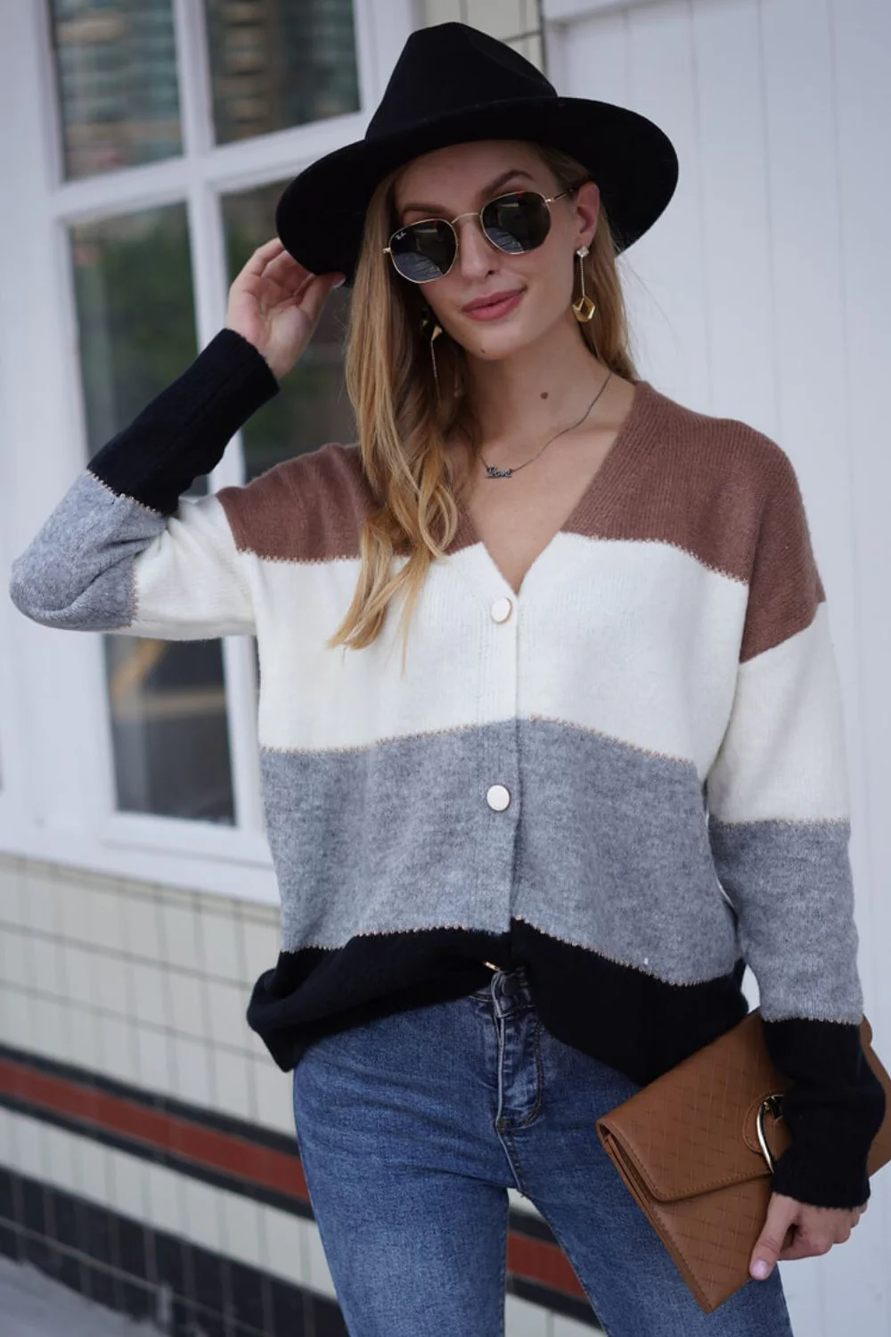 Woven Right Color Block V-Neck Button Down Cardigan - Image 7