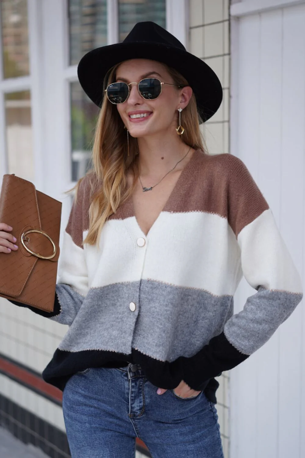 Woven Right Color Block V-Neck Button Down Cardigan - Image 8