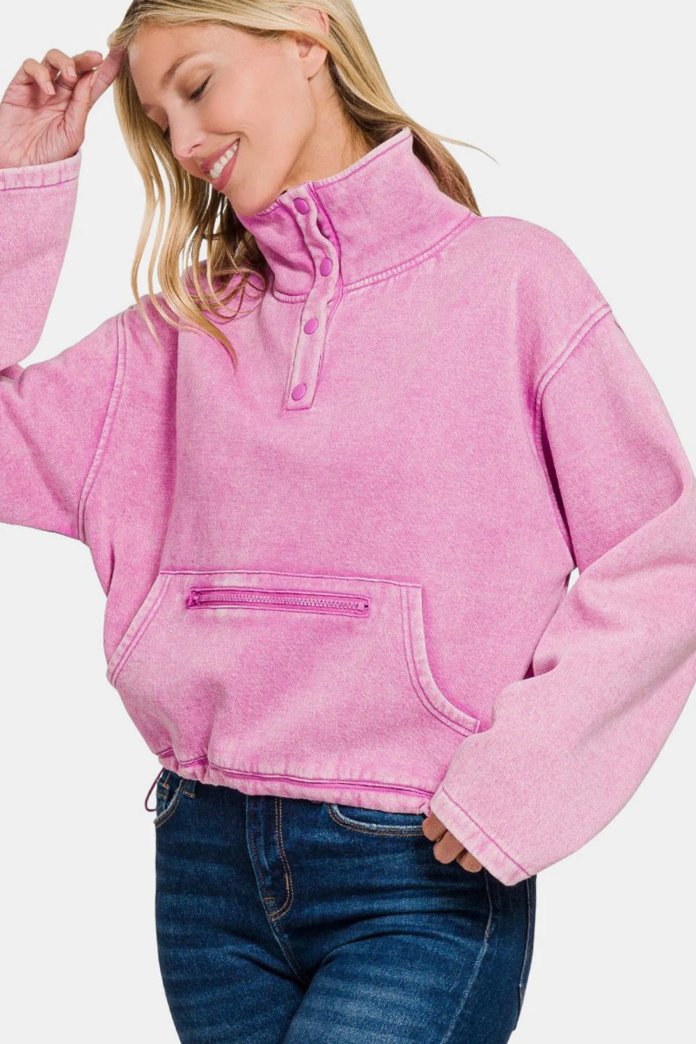 Zenana Acid Wash Fleece Half Snap Sweatshirt with Pocket - Image 2