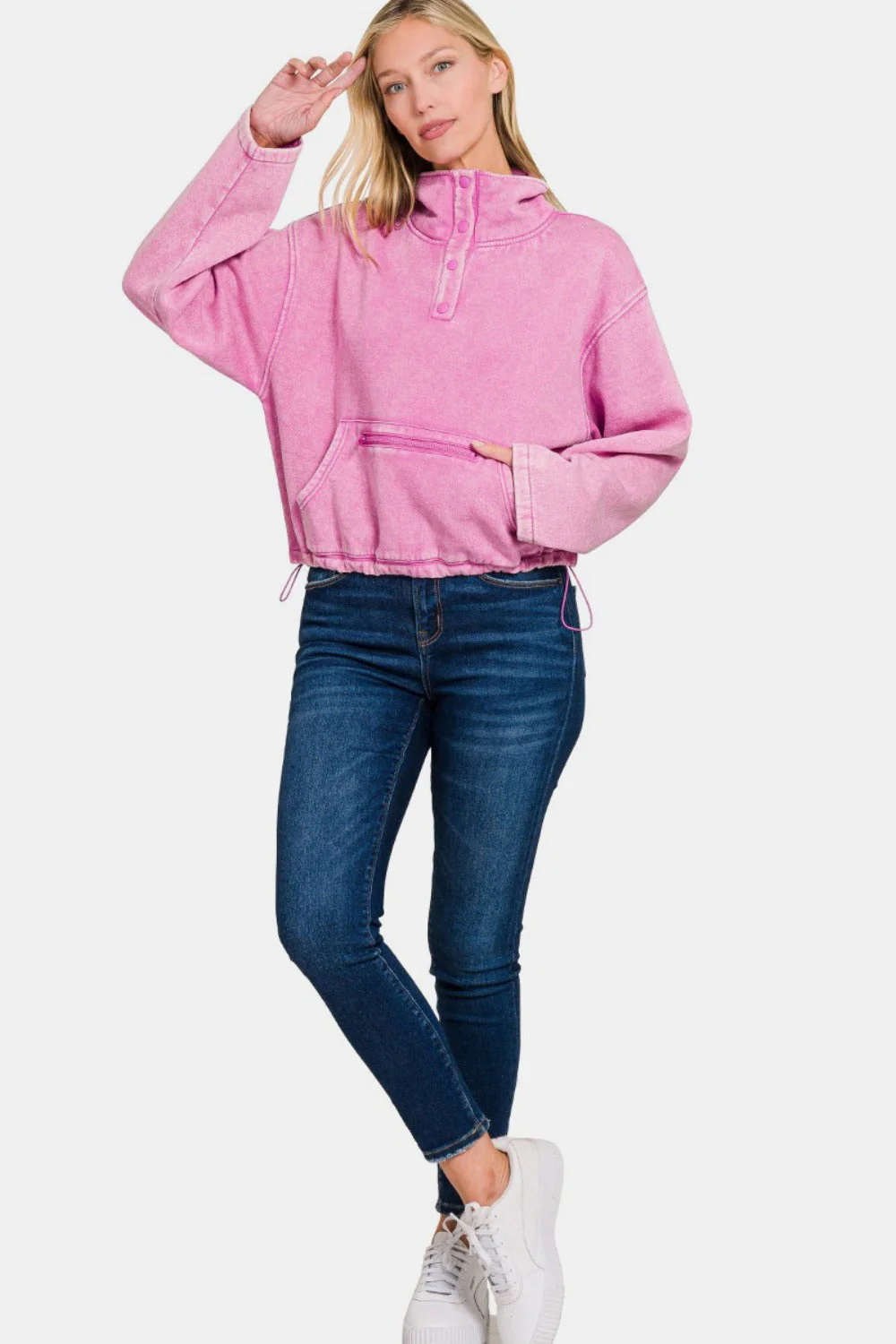 Zenana Acid Wash Fleece Half Snap Sweatshirt with Pocket - Image 3