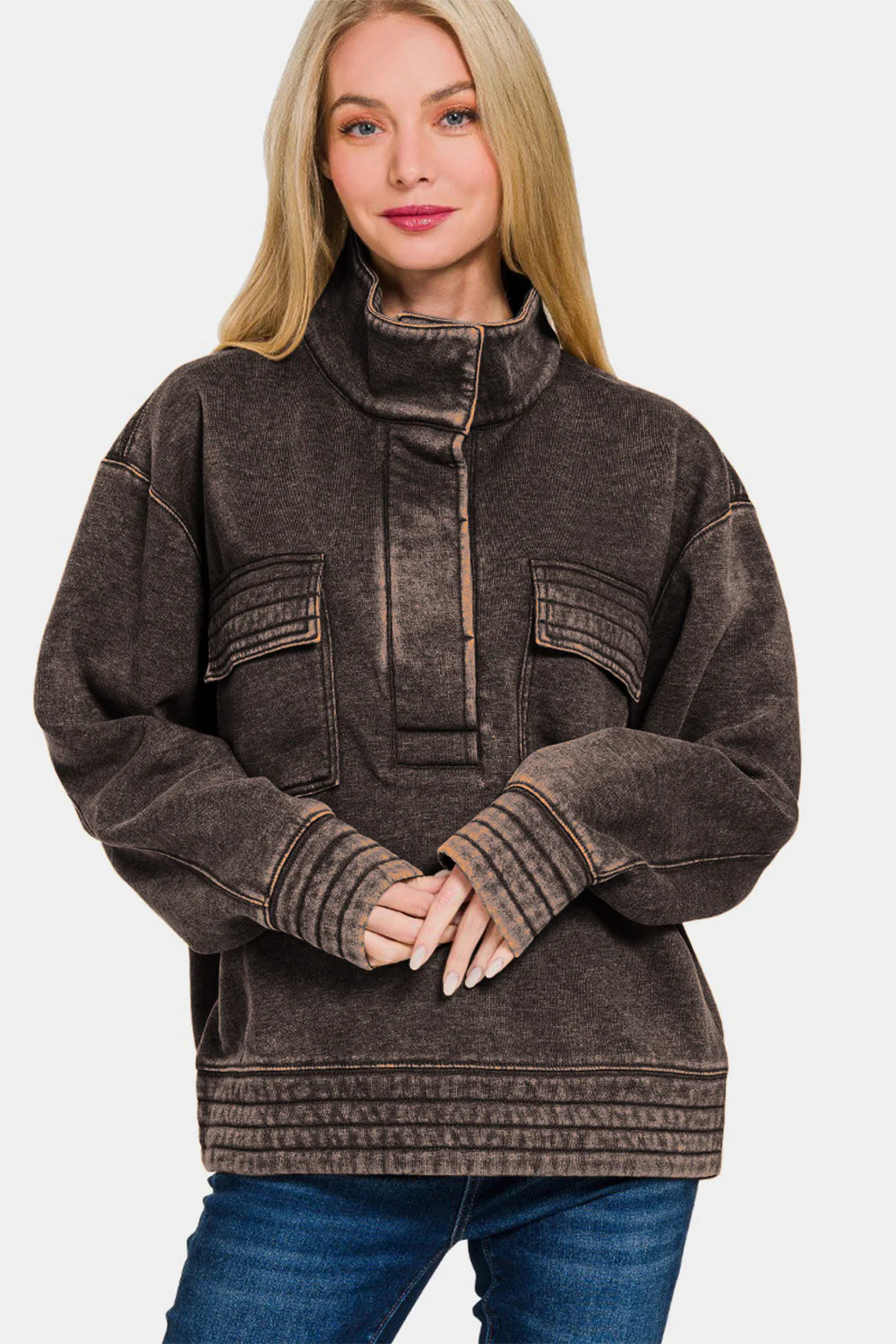Zenana Acid Washed Half Snap Fleece Sweatshirt - Image 3