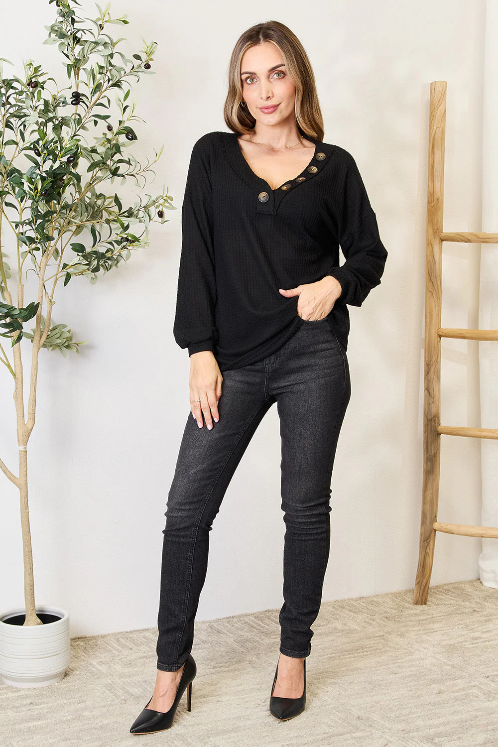 Zenana Buttoned Long Sleeve Blouse - Image 4
