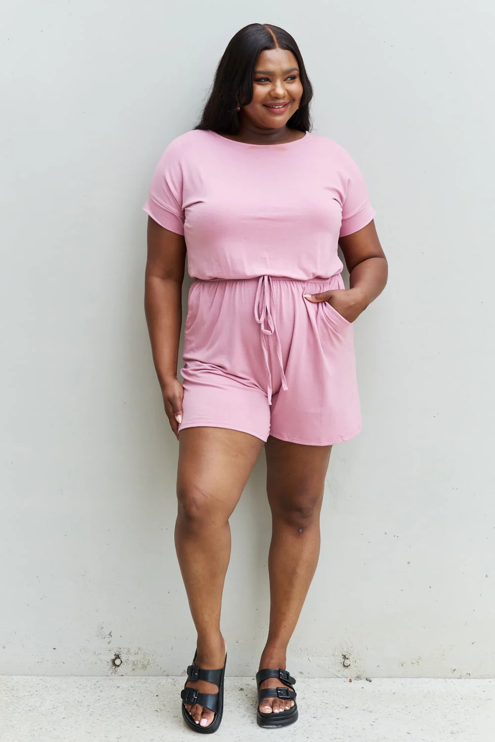 Zenana Chilled Out Full Size Short Sleeve Romper in Light Carnation Pink - Image 11