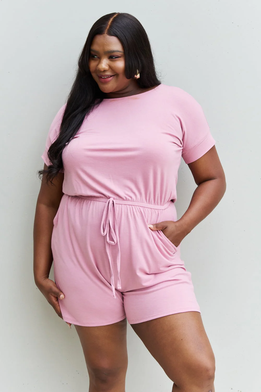 Zenana Chilled Out Full Size Short Sleeve Romper in Light Carnation Pink - Image 7