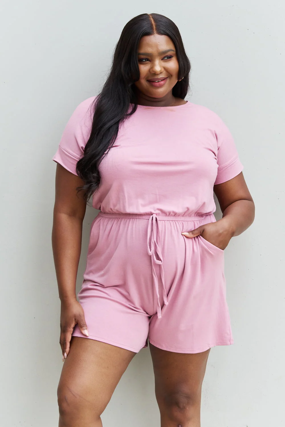 Zenana Chilled Out Full Size Short Sleeve Romper in Light Carnation Pink - Image 8