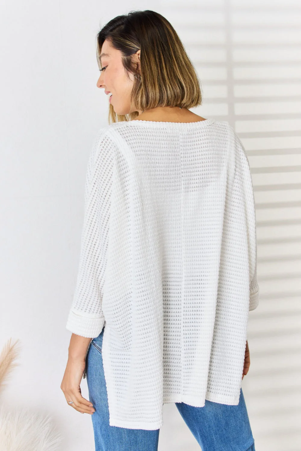 Zenana Full Size Waffle Knit V-Neck Long Sleeve Slit Top - Image 2