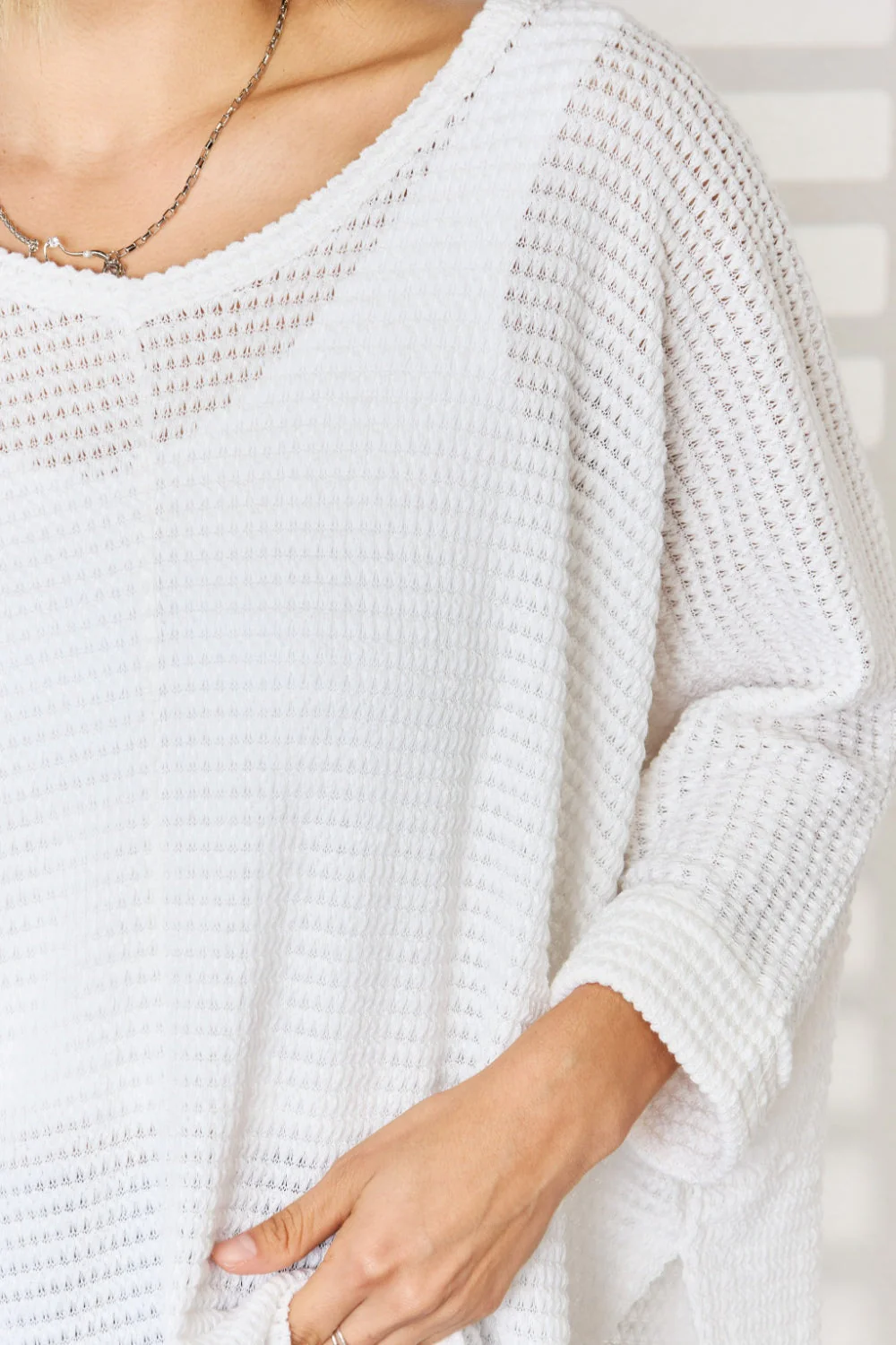 Zenana Full Size Waffle Knit V-Neck Long Sleeve Slit Top - Image 7