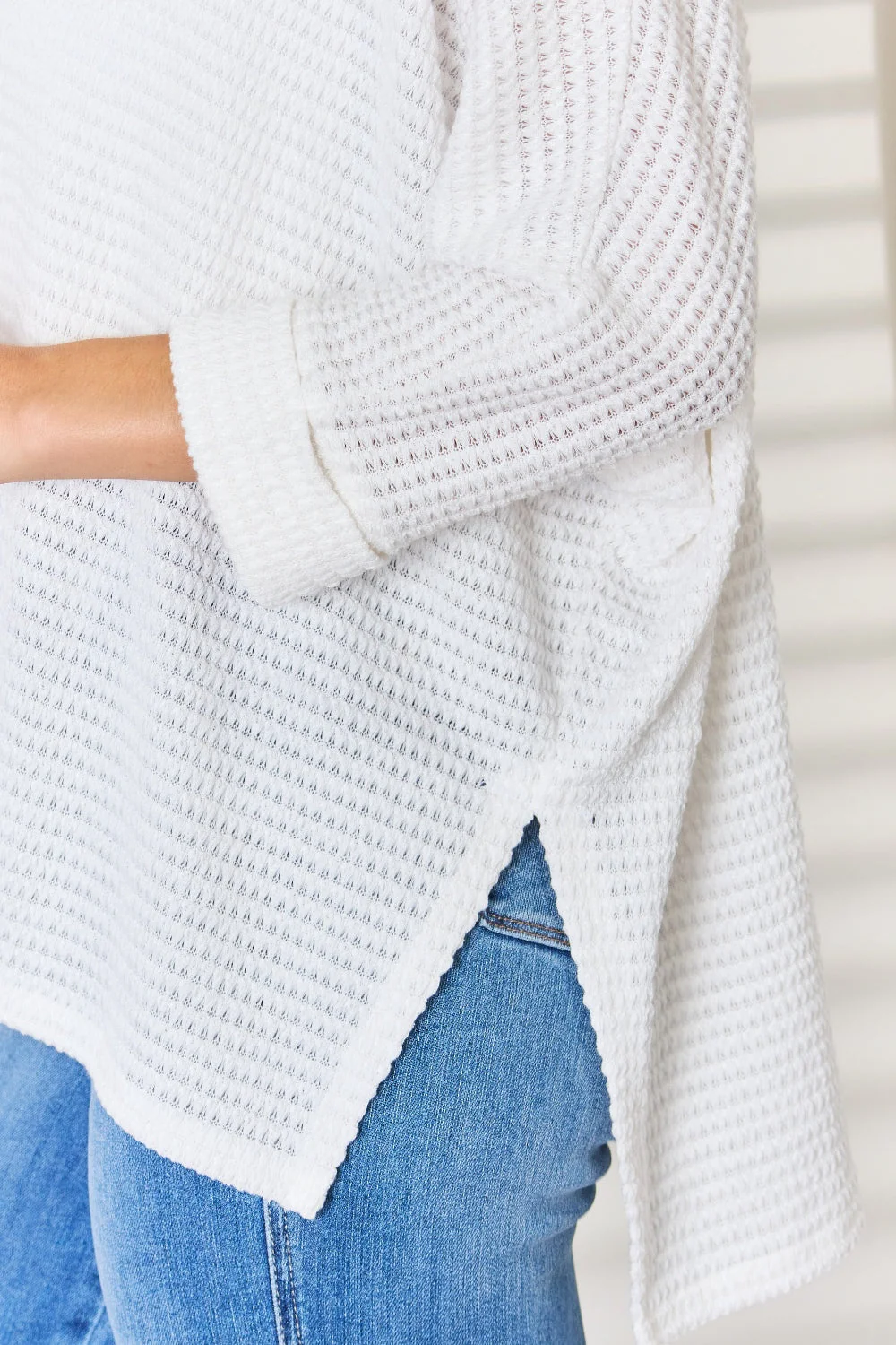 Zenana Full Size Waffle Knit V-Neck Long Sleeve Slit Top - Image 8
