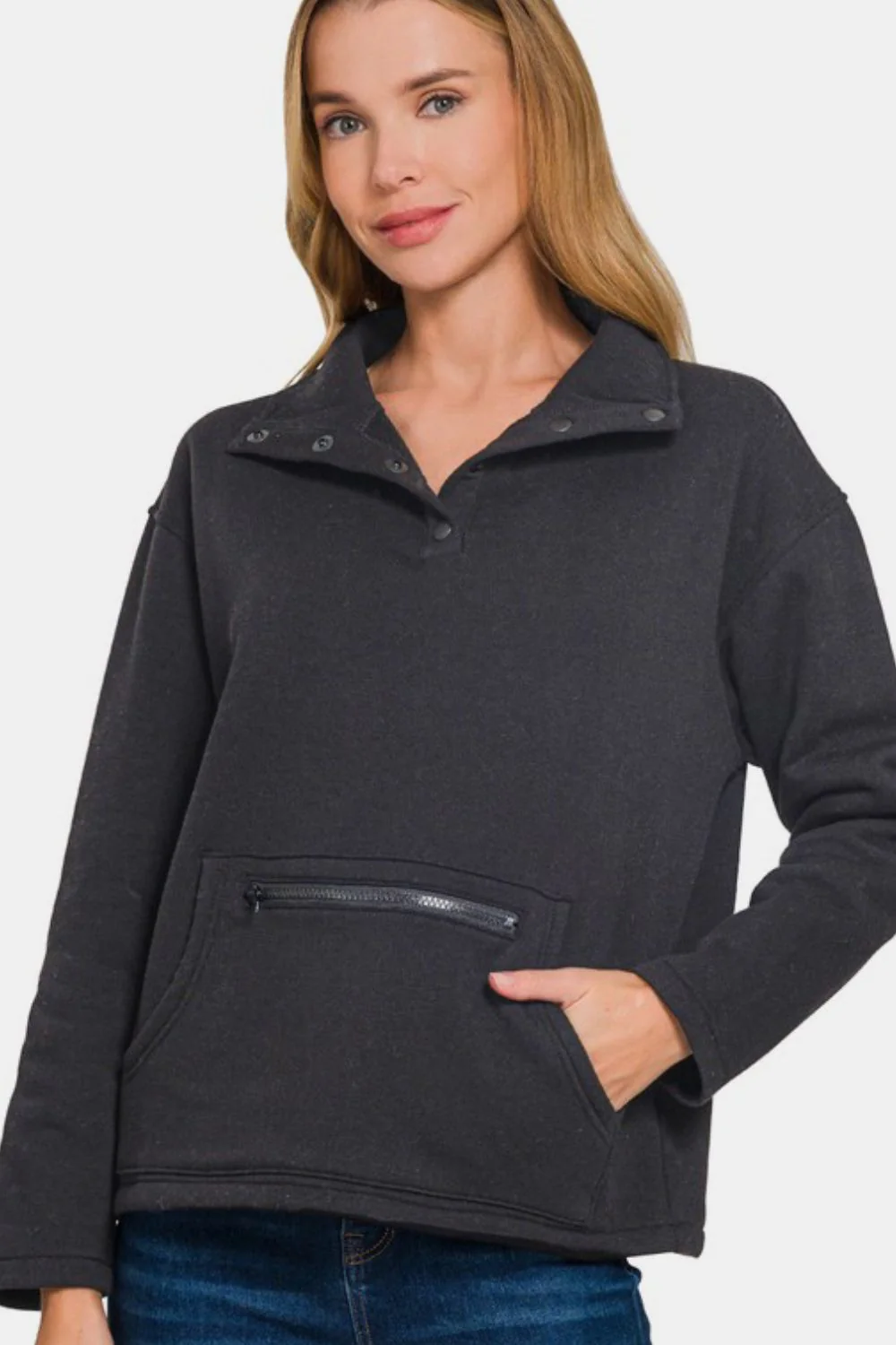 Zenana Turtleneck Half Snap Fleece Sweatshirt - Image 3