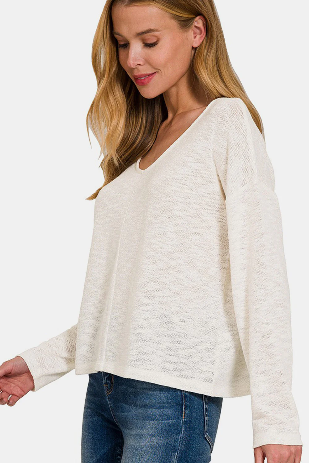 Zenana V-Neck Dropped Shoulder Long Sleeve T-Shirt - Image 3