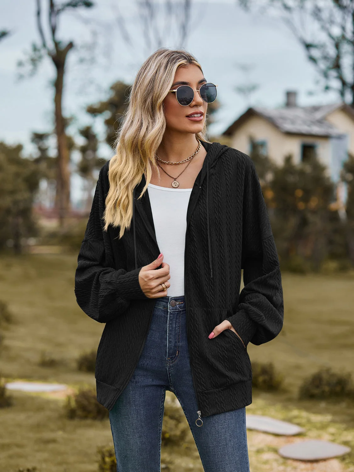 Zip Up Drawstring Long Sleeve Hooded Jacket - Image 11
