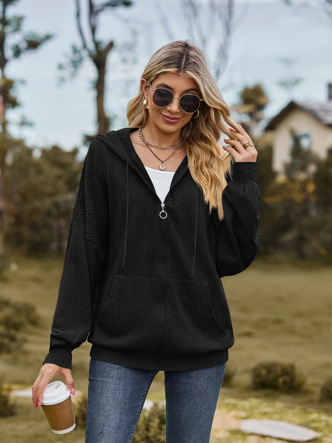Zip Up Drawstring Long Sleeve Hooded Jacket - Image 12