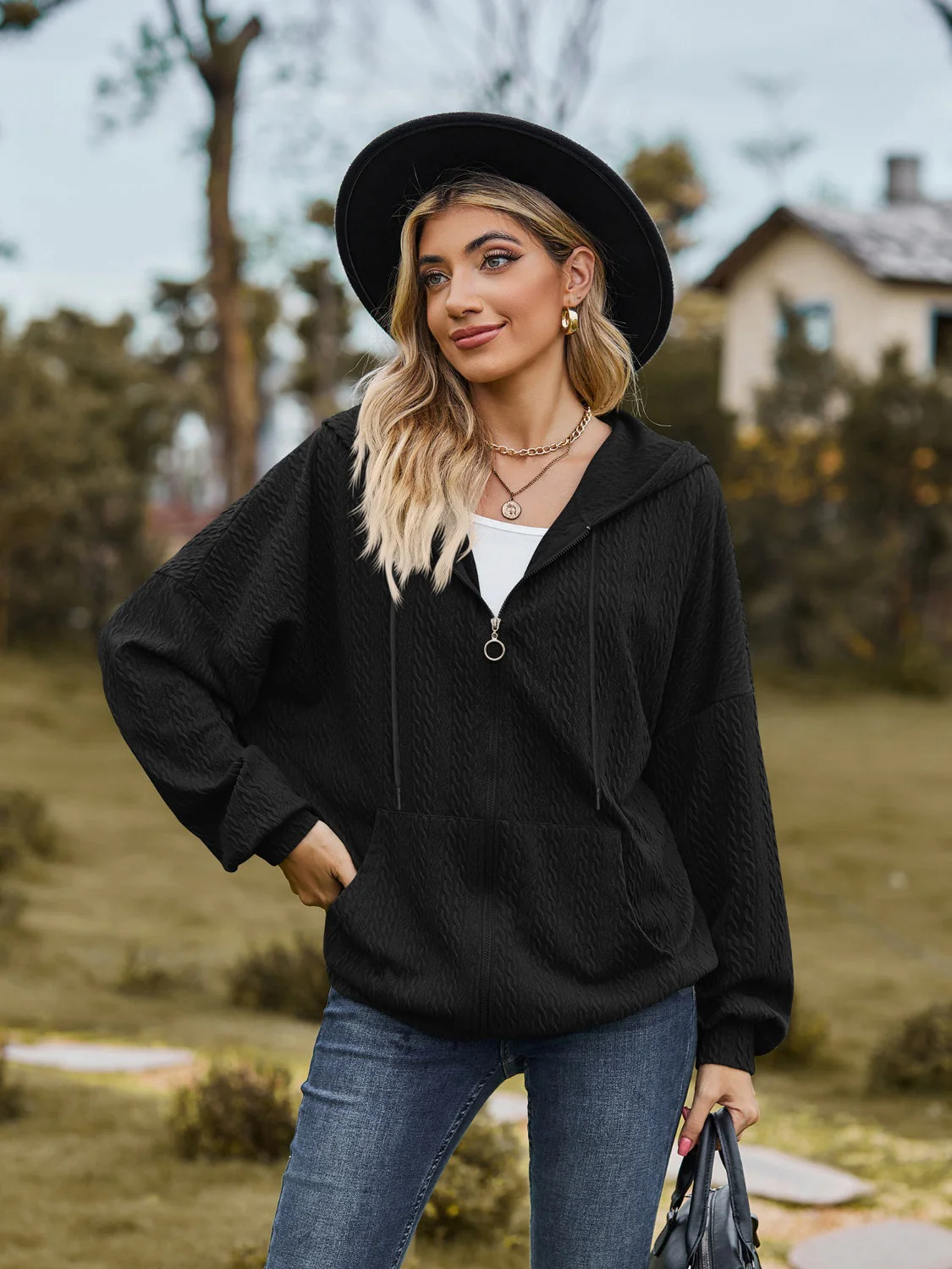 Zip Up Drawstring Long Sleeve Hooded Jacket - Image 13